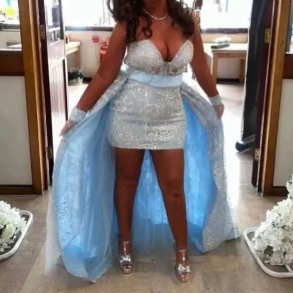 High Low Sky Blue Cocktail Dresses Sweetheart Sheath Mermaid Mini Party Dress With Back Train Girls Birthday Gowns