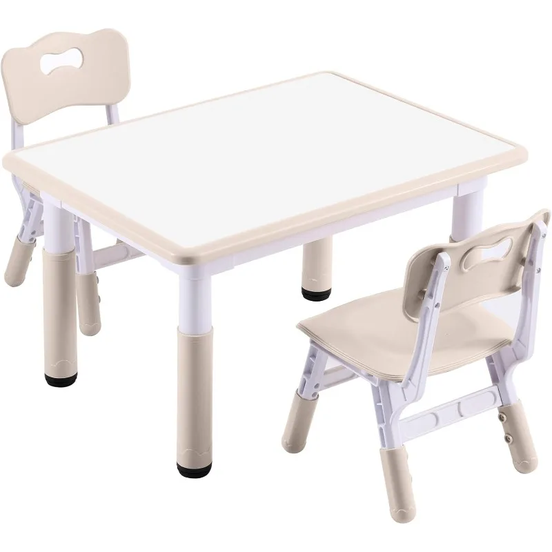 Kids Table and 2 Chairs Set, Height-Adjustable Toddler Table and Chair Set with Graffiti Desktop, 31.5''L x 23.6''W Children