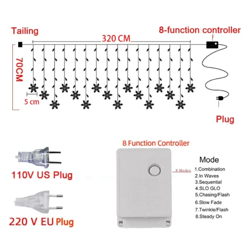 Guirxiété lumineuse LED flocon de neige pour Noël, 8 modes, étanche, nickel é, rideau, fête, mariage, vacances, décoration de Noël