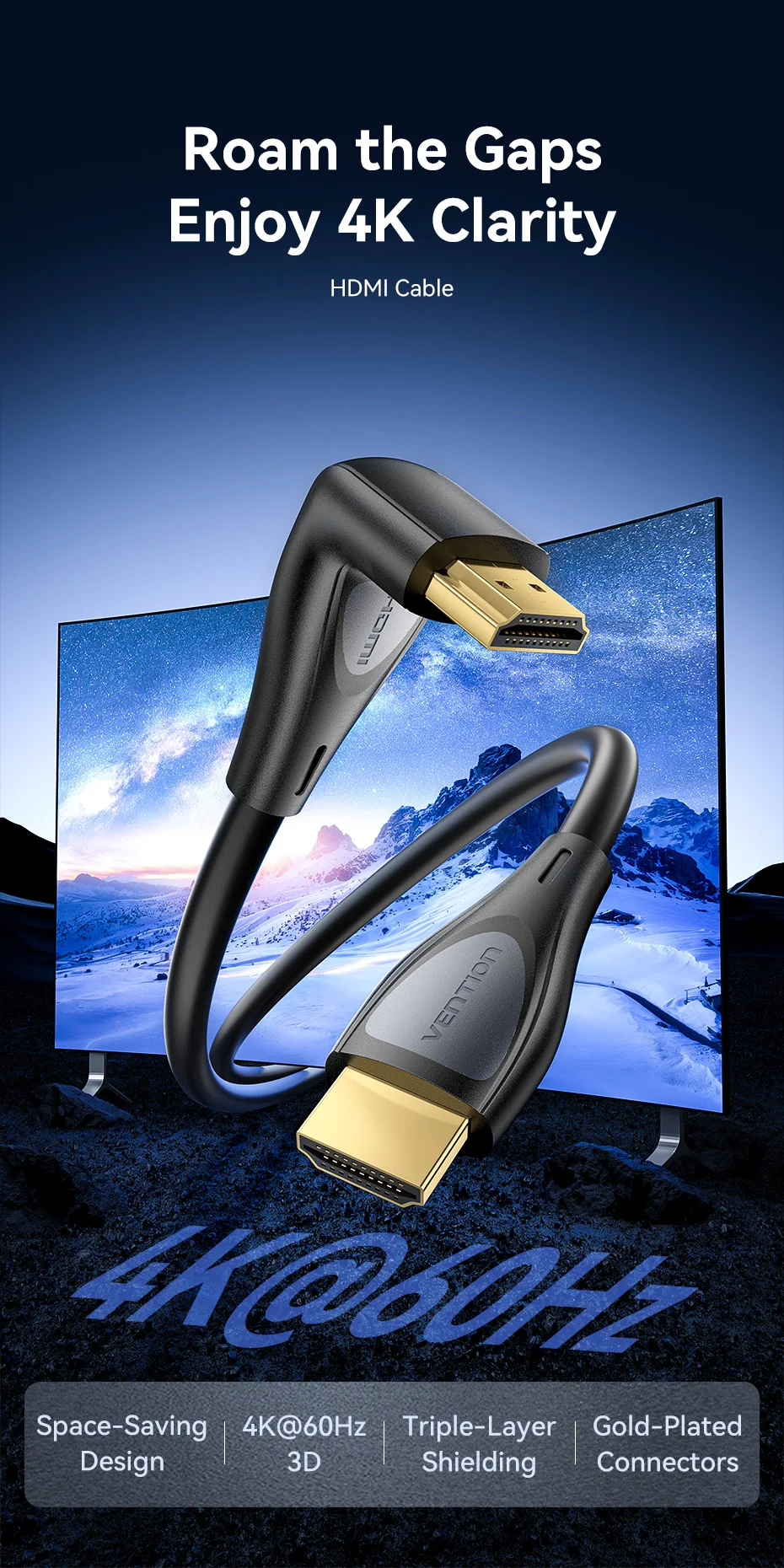 90° Angled HDMI 2.0 Cable 4K60Hz Ultra HD High-Speed Cord for Xiaomi TV Monitor