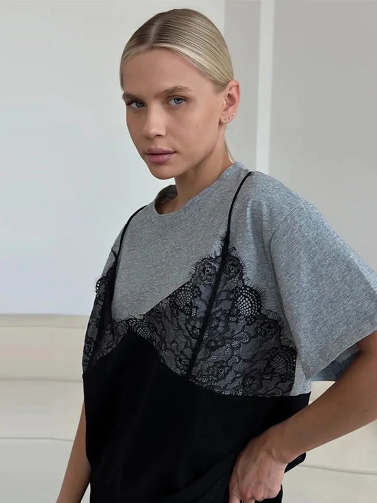 Spitzen-Patchwork T-Shirt mit Fake-Zweiteiler-Effekt für Damen, Eleganter Rundhalsausschnitt, Kurzarm, Locker Geschnittenes Oberteil, Frühlings-Chic, Neue Club- und Partykleidung – Detail 37