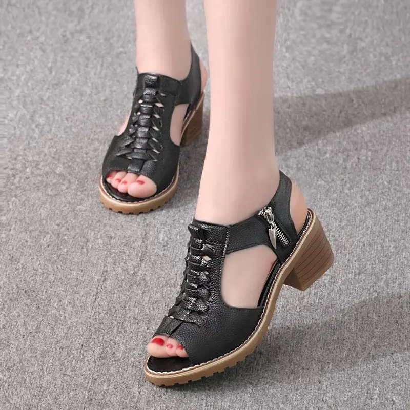 Women Sandals Women's Square Heel Summer Leather Zip Gladiator Medium Heel Zip Platform High Heels 43