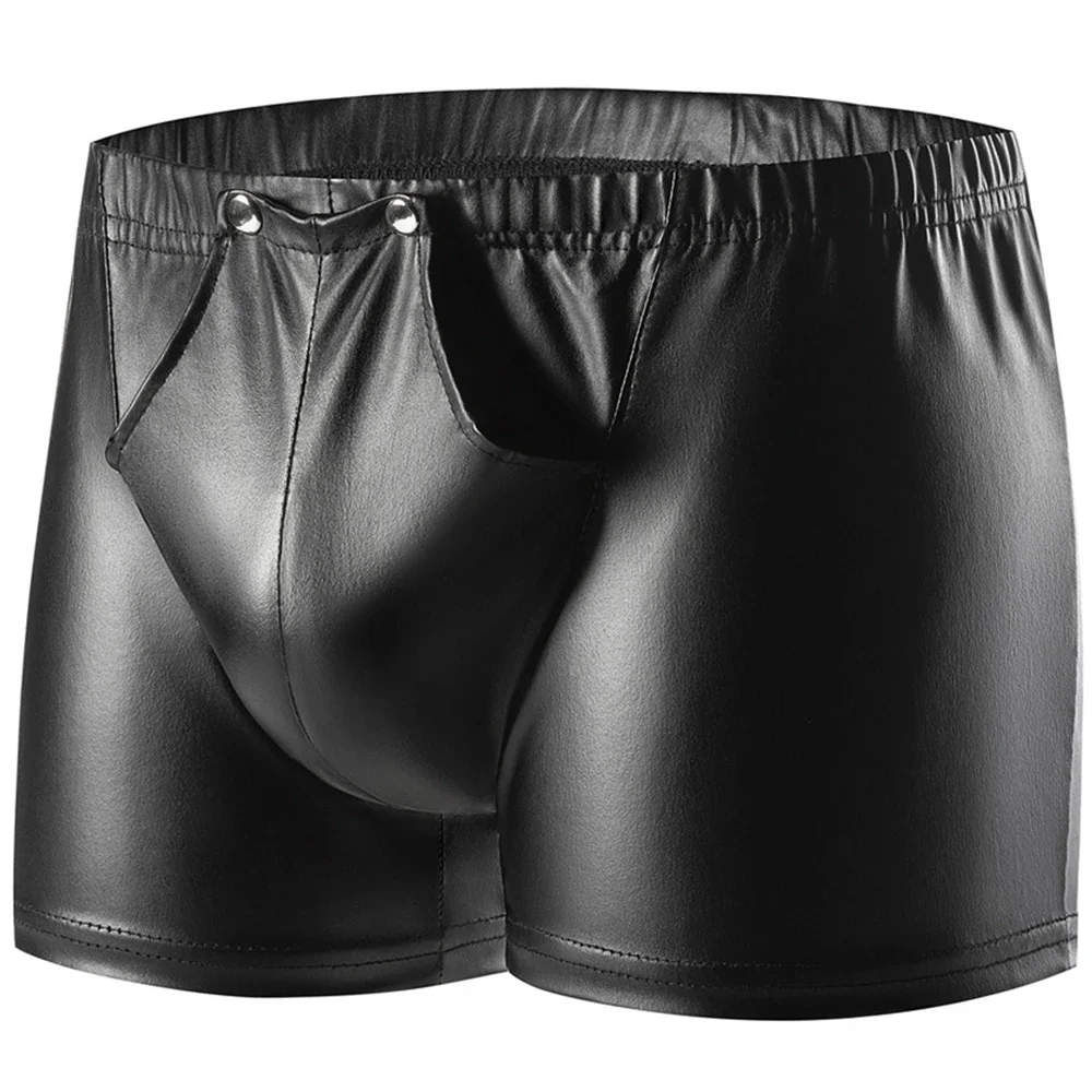 

Men's Sexy Leather Open Crotch Boxershorts Panties Lingerie Open Front Underwear Sex Fetish Boxers Leather Bulge Pouch Underpant