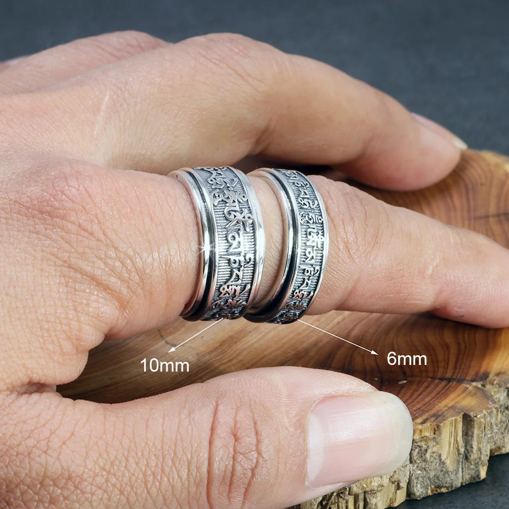 Real 925 sterling silver vintage rings for men rotatable Tibetan Six Words Mantra Rings Om Mani Padme Hum Buddhist jewelry silver ring,silver rings,rotating ring
