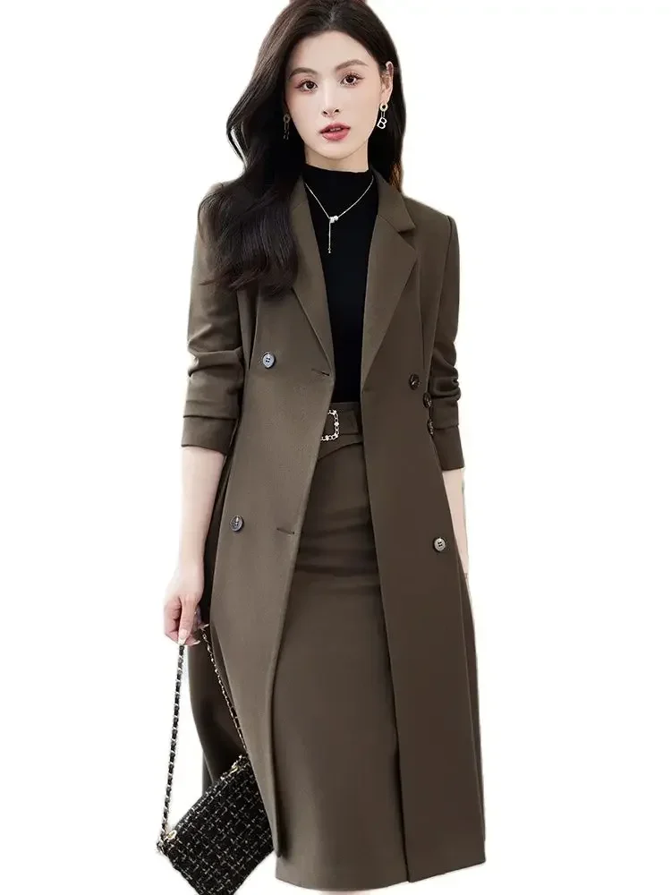 Womens Skirt Suit Piece Set Notched Collar Long Overcoat