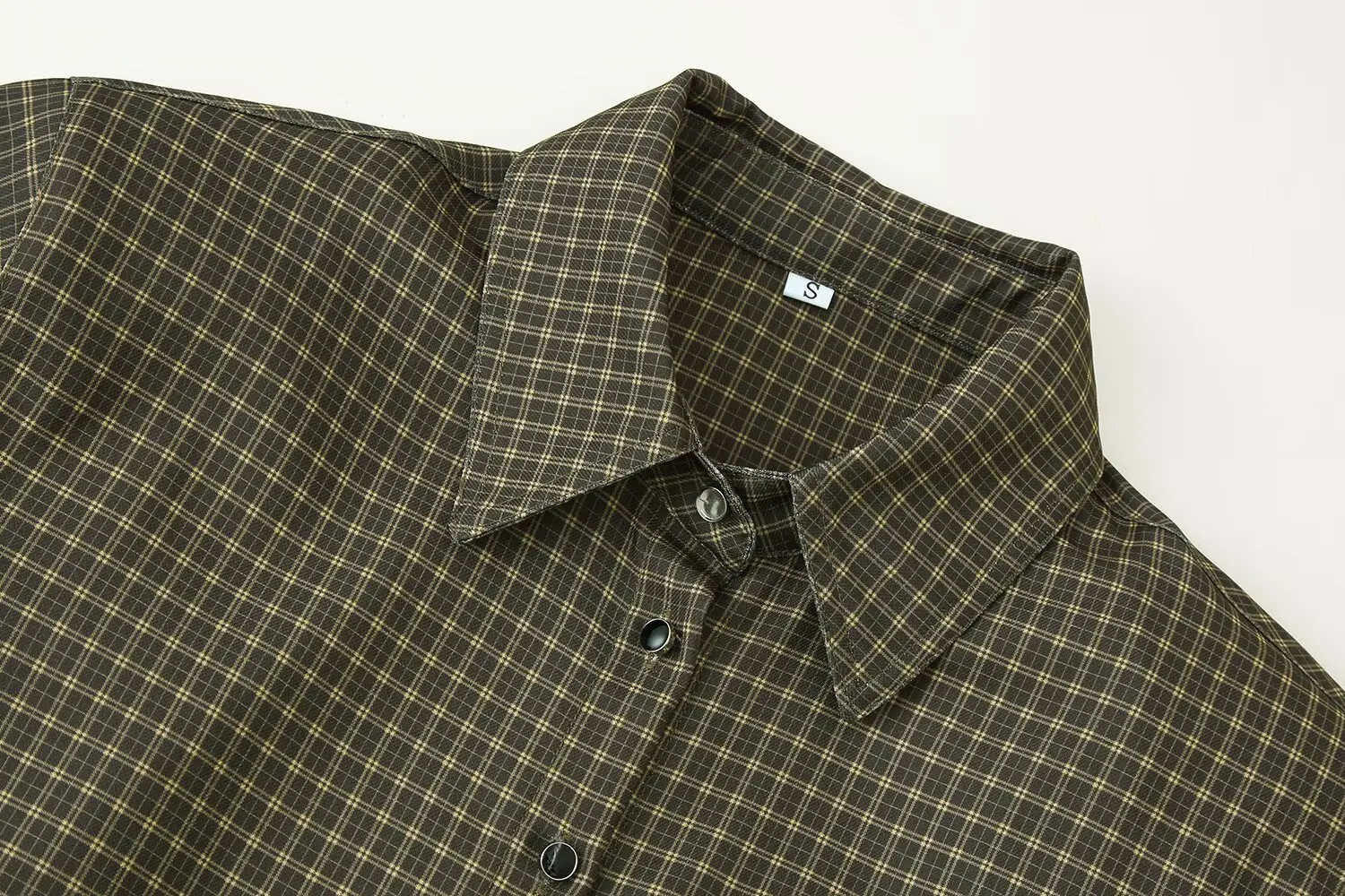 Women Vintage Green Plaid Shirt With Single Breasted Shoulder Pad Turn-Down Collar Long Sleeve Blouses Lady Shirts Streetwear