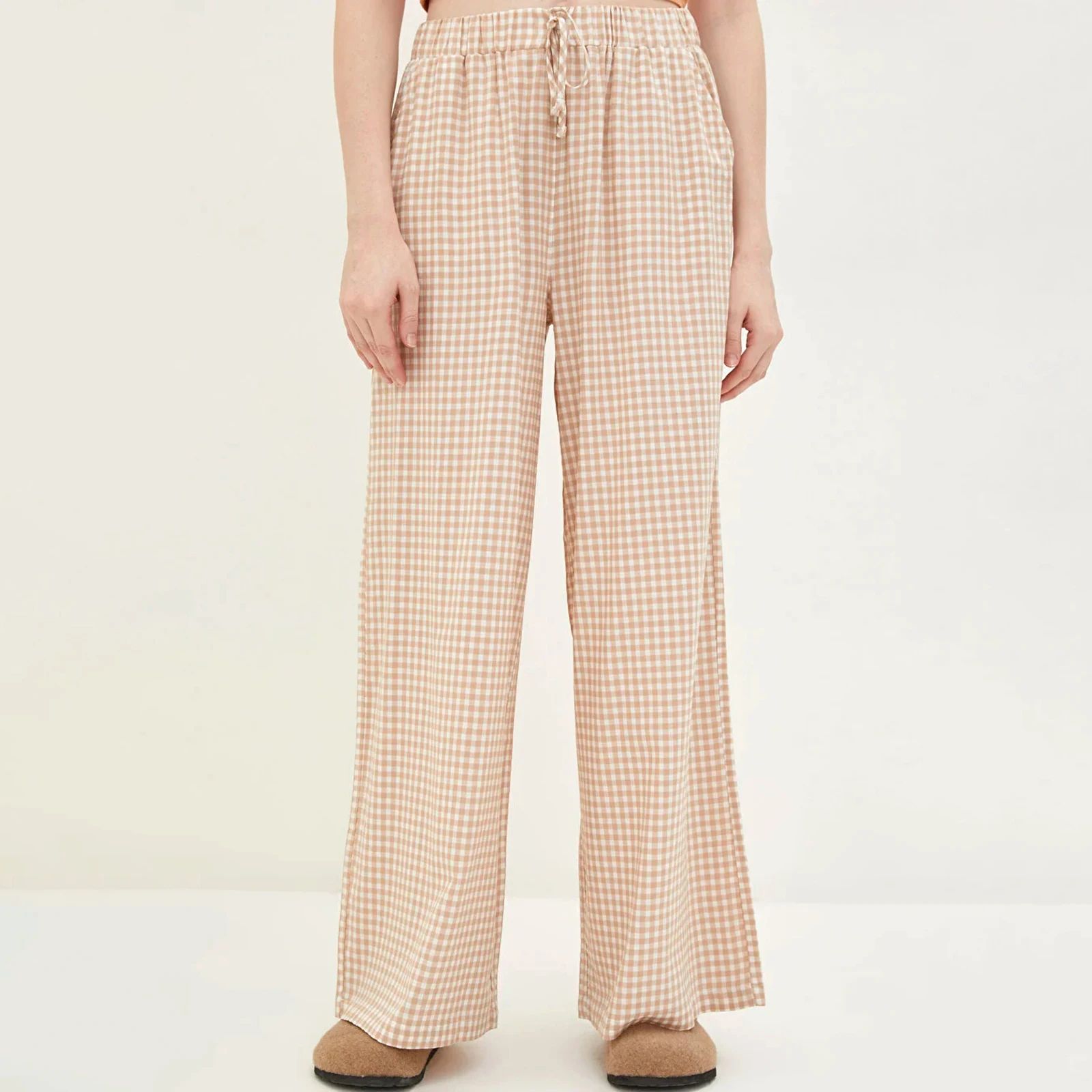 

Женские повседневные брюки с эластичным поясом, широкие свободные брюки в клетку с принтом и кулиской