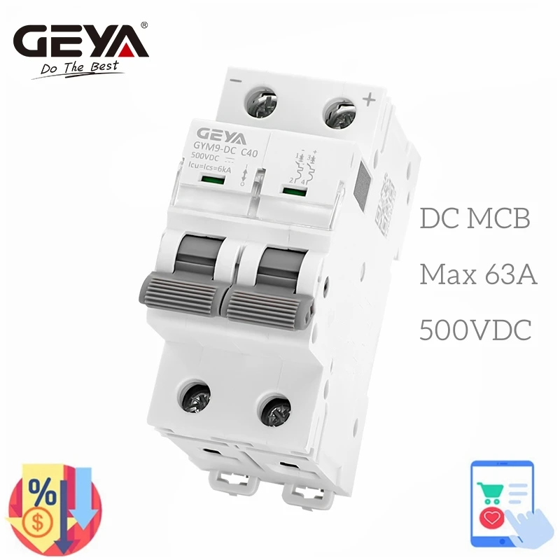 GEYA-mini interruptor, trilho do ruído, MCB, 6KA, 2P, 500V, 6A, 10A, 16A, 20A, 25A, 32A, 40A, 50A, 63A, solar