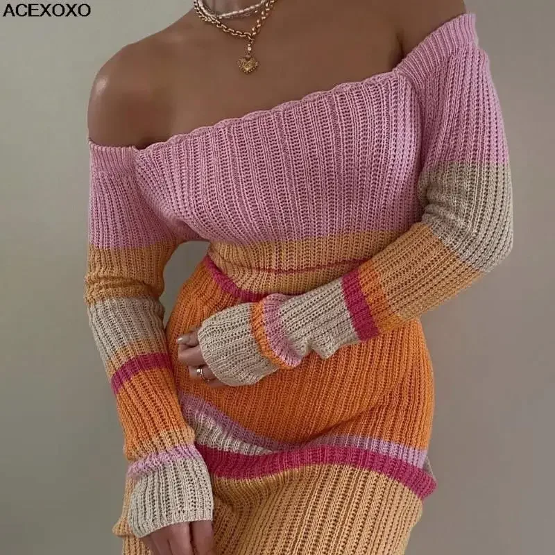 

2023 Y2K long raised color word brings an off-the-shoulder hollowed-out beach long sleeve knitted striped dress for girls