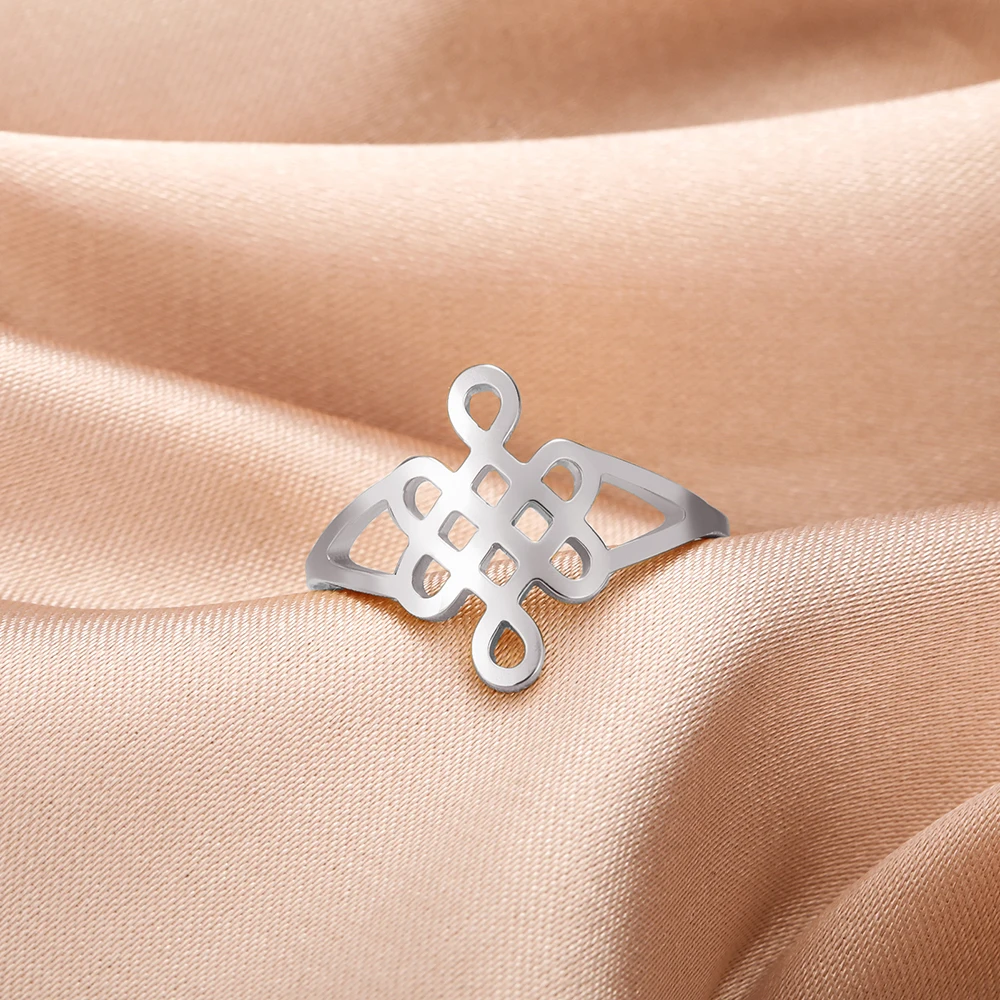 Dawapara klassischer chinesischer mystischer Knoten ring für Frauen unendliches Symbol viel Glück Frieden Amulett Edelstahl Ehering – Detail 10