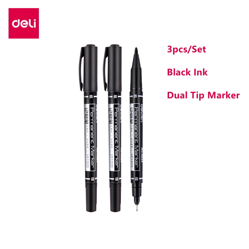 Deli Dual Tip Marker Liner Pen 3Pcs/Set Waterproof Permanent Markers Black Blue Red Ink Warehouse Home Use