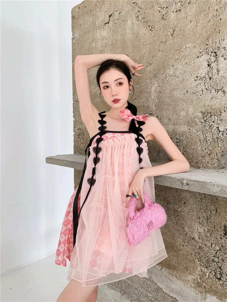 

DALMAZZO New Summer Designer Mesh Patchwork Backless Midi Dress Women Slash Neck Spaghetti Strap Pink Sweet Dresses Vestidos