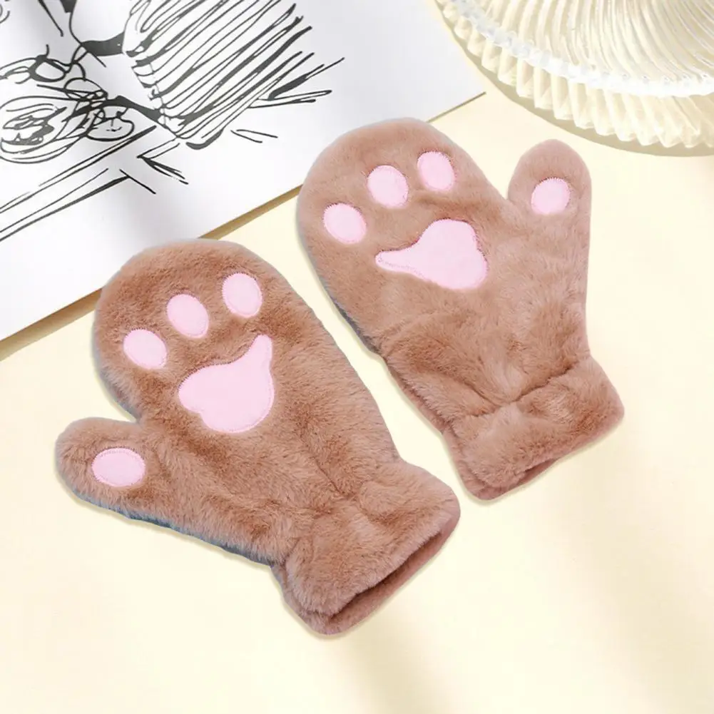 Cat Paw Gloves Warm Cozy Cartoon Cat Paw Mittens for Women Thick Plush Winter Gloves with Anti-slip Grip for Skiing Cycling Cozy