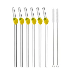 Eco - Friendly Lemon Shaped High Borosilicate Glass Drinking Straws - Set of 4 to 12 (6 straws 2 brush)