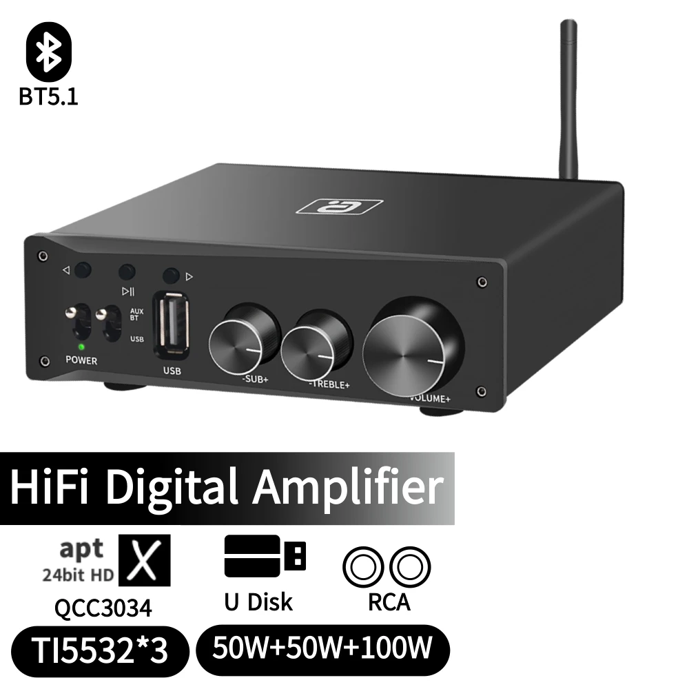 

AYINO AptX HD Bluetooth 5,1 HiFi 2,1 канальный усилитель мощности TPA3116 * 2 U-диск стерео цифровой сабвуфер аудио усилитель 50 Вт * 2 + 100 Вт