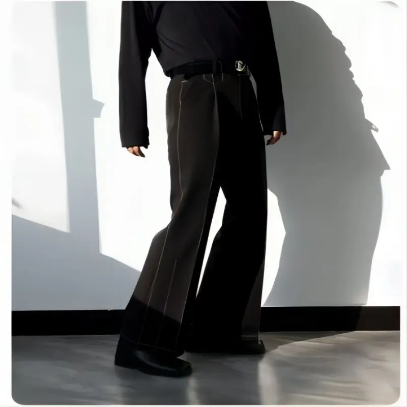 New men's nine point straight leg pants with stitching high-end drape black autumn and winter micro flared suit pants
