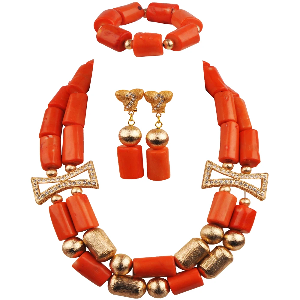

Orange Nigerian Coral Beads African Necklace Bridal Jewelry Sets 22-12-03-B2