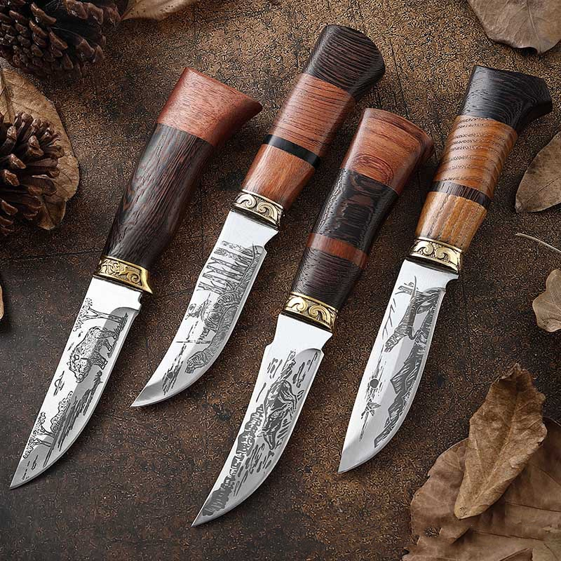 Beautifully Corroded Pattern Kitchen Knife Set  Double Solid Wood Splice Copper Head Handle High Hardness Steel cutting Knife