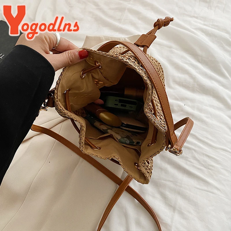 Summer Braided Straw Bucket Bag For Women Simple Drawstring Shoulder Crossbody Bag Travel Beach Bag Casual Wove Handbag