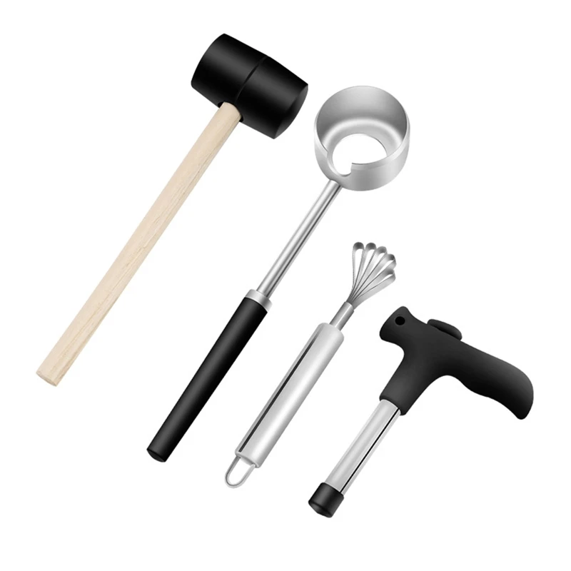 

Stainless Steel Opener Straw and Wooden Handle Rubber Hammer Tools Set Easy To Use Safe To Open Easy to Use Dropship
