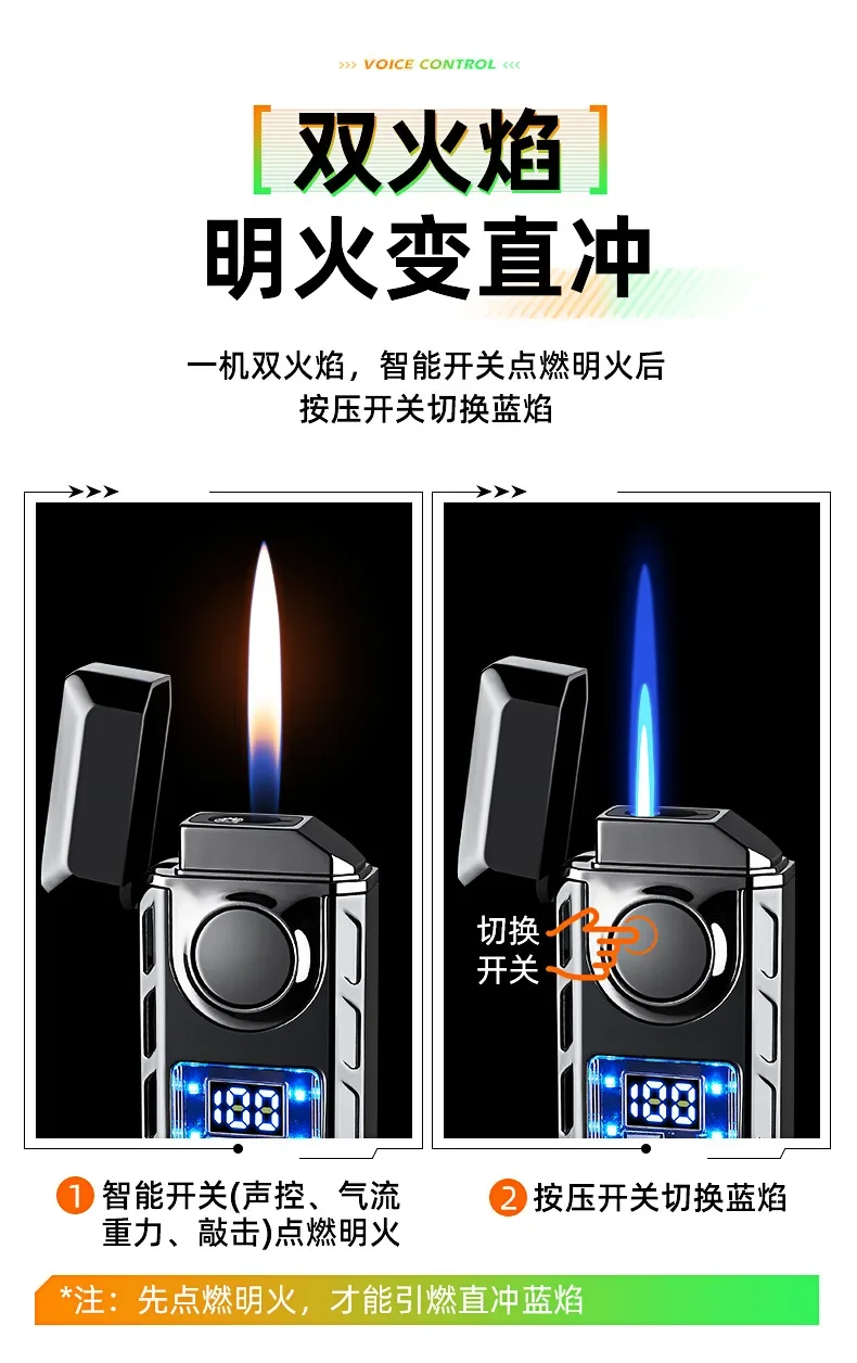 Description Picture 5 of itemCreative Voice Controlled Ignition Gas Lighter Color Light Battery Display Open Fire Switching Jet Fire USB Electric Lighters