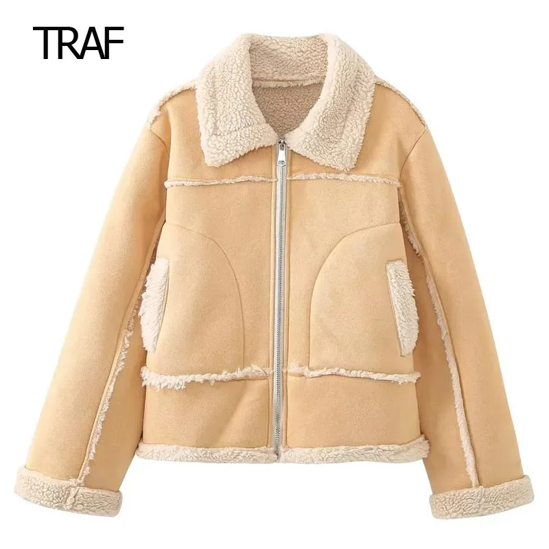 

TRAF Bomber Leather Jacket Women's Jacket Demi-Season Fluffy Wool & Blends Coats Long Sleeve Top Luxury Designer Jackets Women