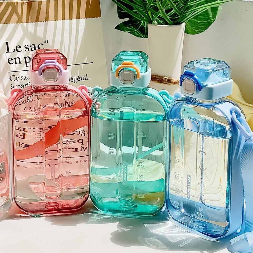 750ml Sport Straps Flat Water Bottle Cup Girl Kids School BPA FREE Plastic Travel Sport Transparent Flat Square Cup Drink Bottle