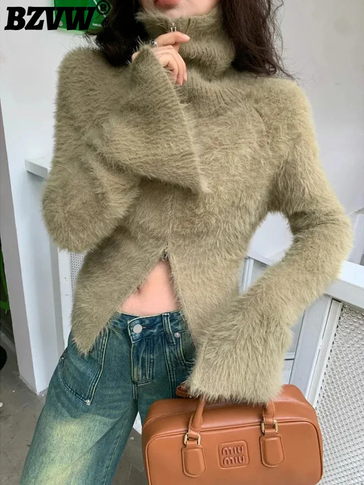 

BZVW Trendy Niche Double Zippered Standing Collar Sweater Women 2023 Spring Autumn New Slim Casual Female Tops 25X3742