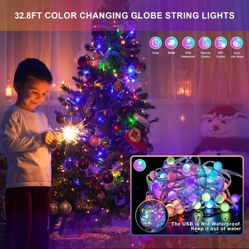 Decorative Lights Led String Lights Led Fairy Lights String Lights LED Lighting Strings Fairy Waterproof Bubble Ball Lamp Bluetooth APP Remote Control USB Music Controller Dream Color Christmas