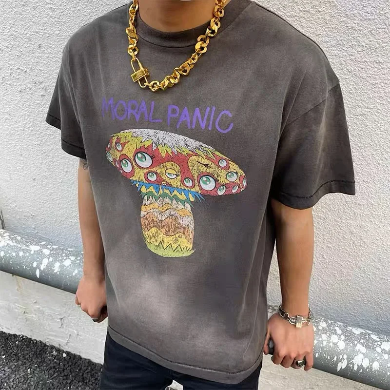 

Vintage Saint Michael Retro Round Neck Oversized T Shirt Mushroom Eye Print High Street Cotton Men's Short Sleeve Tee Y2K