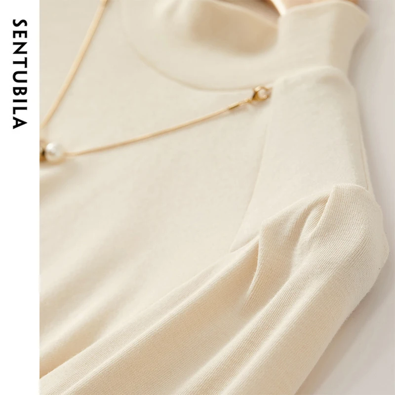 SENTUBILA Cotton Knit Slim Fit Pullovers Women 2025 Spring Hight Collar Pearl Chain Lanter Sleeve Elegant Tops Ladies 143H56768X 6