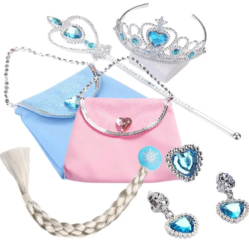Girls Costume Party Jewelry Set Princess Accessories Kids Christmas Birthday Gifts Diamond Crown/Bag/Wand/Wig/Earrings/Rings