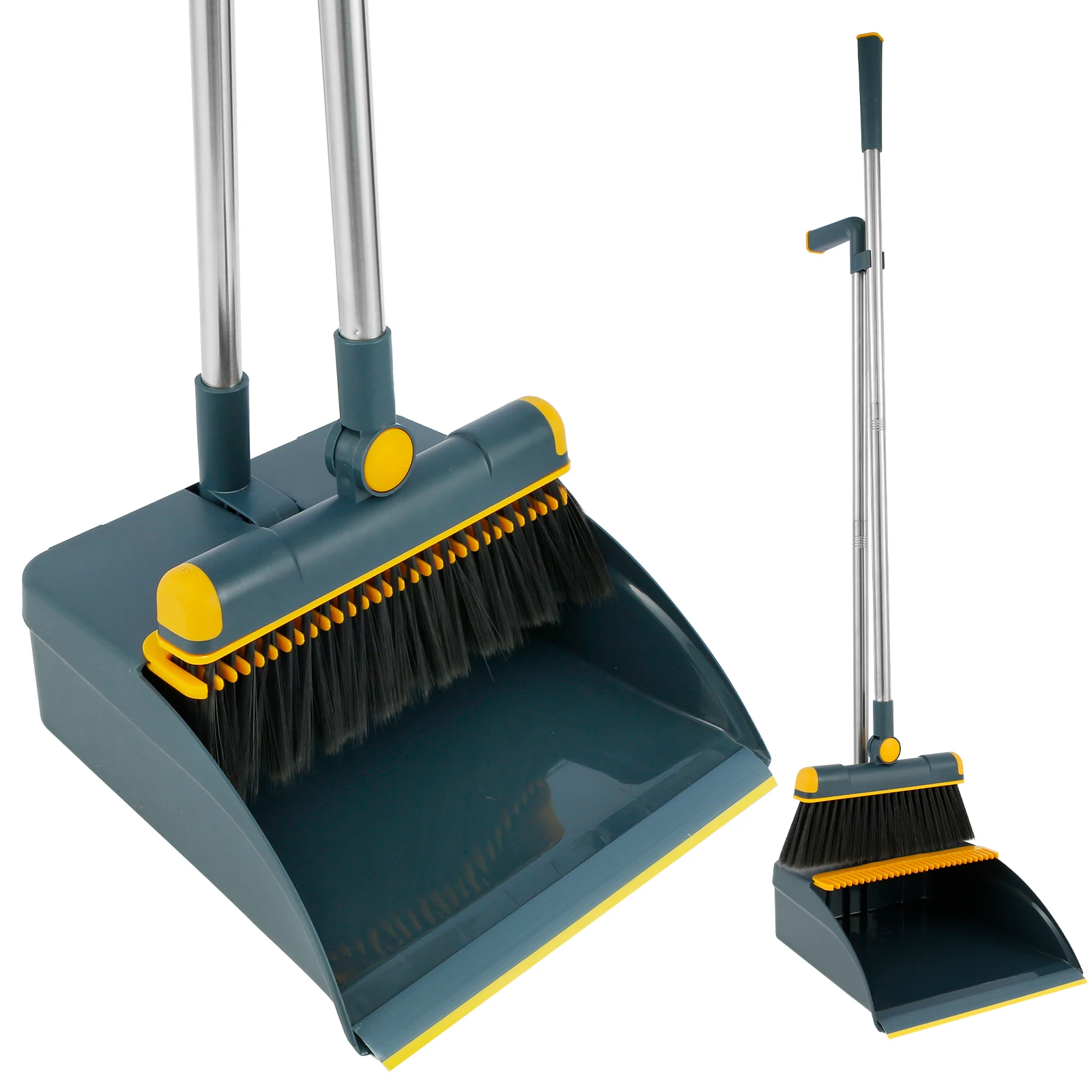 

Long Handled Dustpan and Broom Set 180° Rotatable Standing Dustpan and Brush Portable Dustpan Combo Set with Scraper Teeth