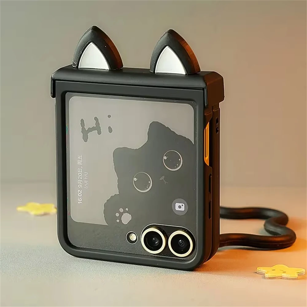 Korean Japan Cute Cat Ears Black Phone Case For For Motorola Razr 60 50ultra Razr 40 Ultra For Samsung Galaxy Z Flip 7/6/5/4/3 2