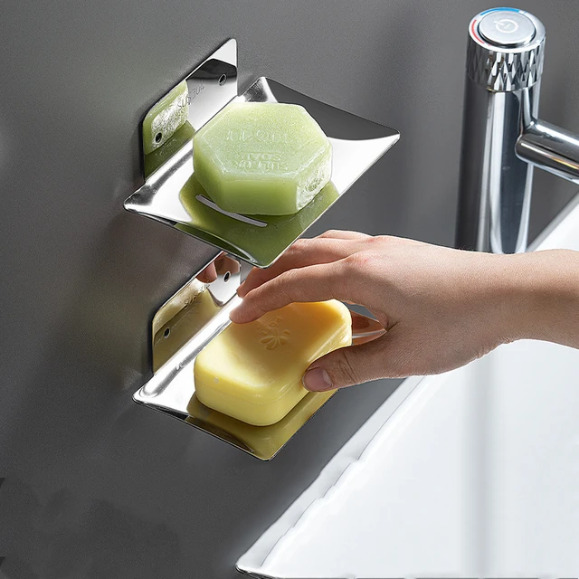 Portasapone da bagno portasapone in acciaio inossidabile con scarico dell'acqua senza foratura portasapone a parete accessori da bagno 6