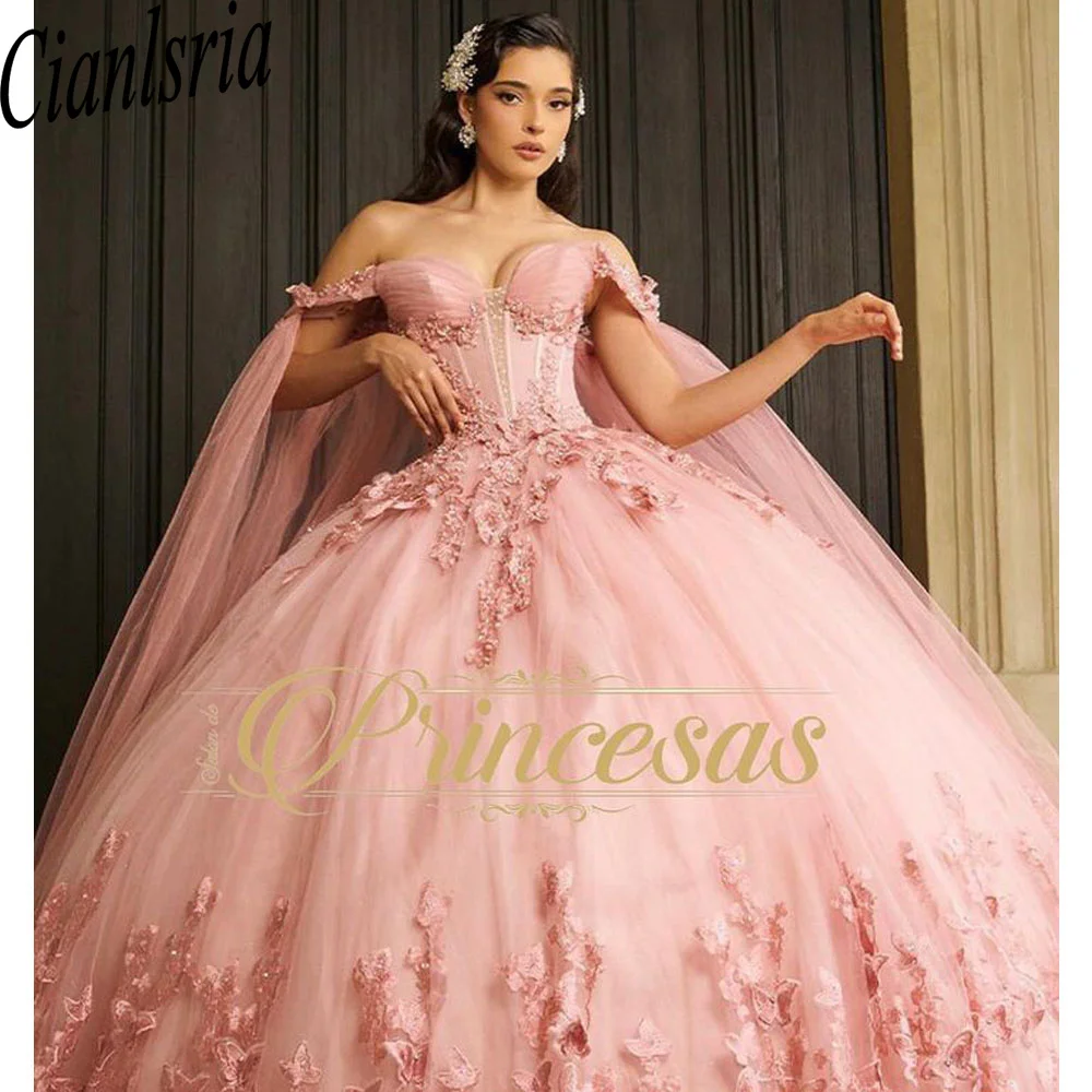 

Mexico Ball Gown Pink Quinceanera Dress Butterfly 2024 Flowers Appliques Sweet 16 Dress Vestidos De 15 Anos