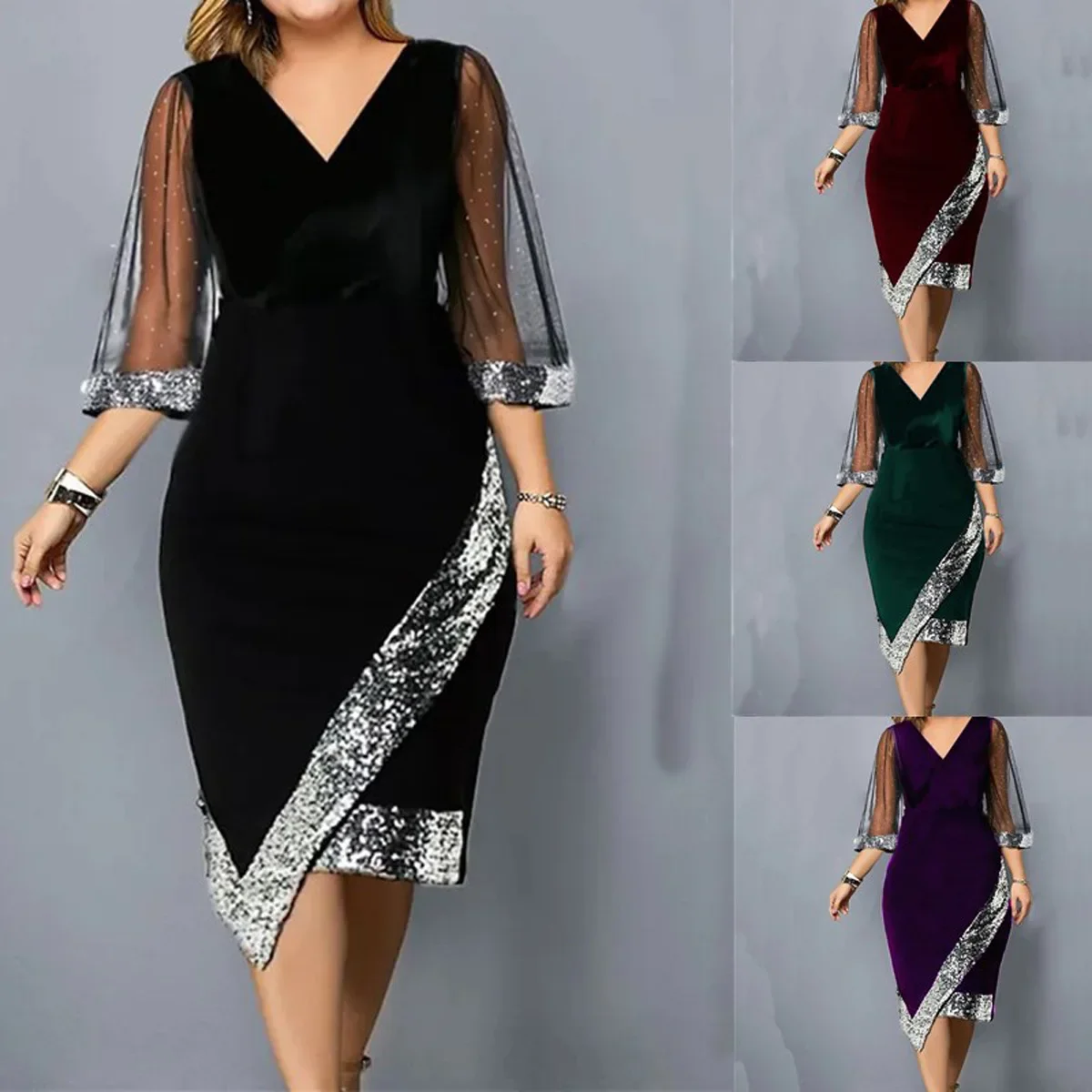 

2024 European and American new V-neck gold velvet irregular hip skirt sequined perspective mesh ladies vintage dress YBF26-3