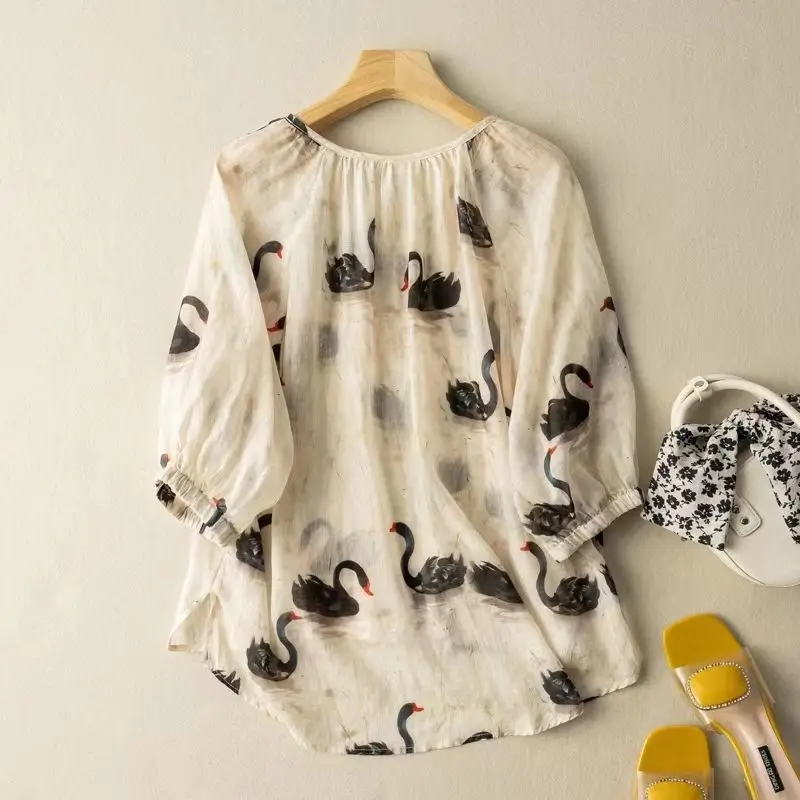 Japanese Women's 2024 Summer Pullover V-neck Patchwork Printed Ramie Loose Fashion Casual Cotton Linen Medium Sleeved Shirt Tops