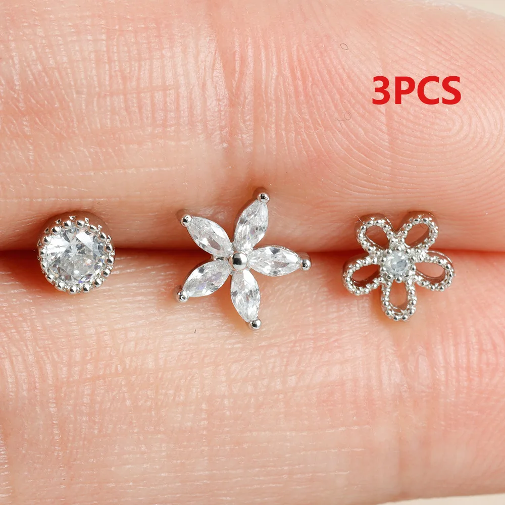 3pcs Popular Screw Cap Mini Flower Ear Bone Nail Stainless Steel Material Earring Set