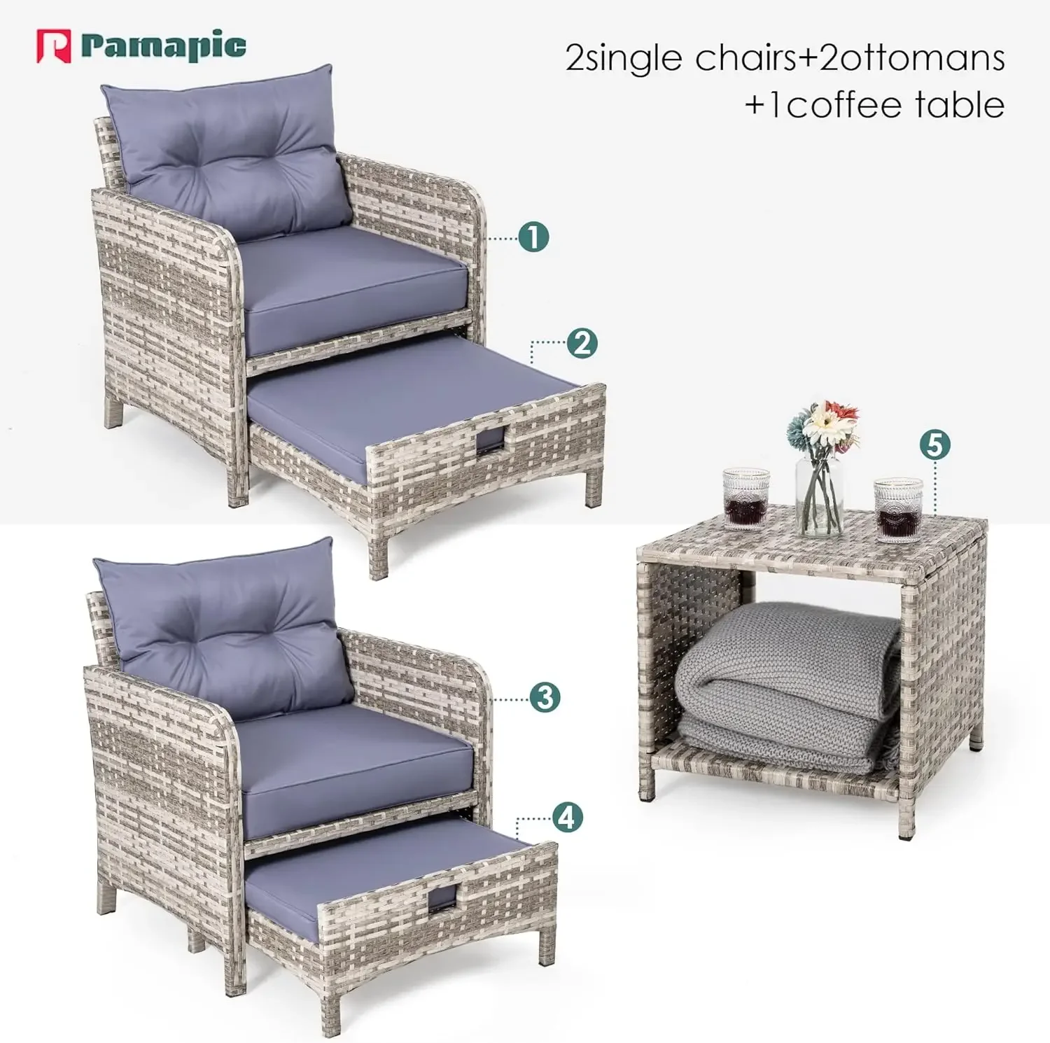 NEW-5 Pieces Wicker Patio Furniture Set Outdoor Patio Chairs with Ottomans Conversation Furniture (Purple Cushion + Grey Ratten)