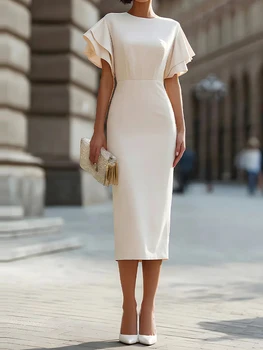 Office Fashion Hight Waist Solid Midi Dress Women's Casual Commute Slim Party Dresses Elegant O-neck Ruffled Sleeve Skinny Dress 1