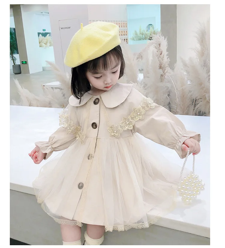 Trench Girls Windbreaker Coat Spring Autumn New Children Clothing Doll Collar Mesh Yarn Baby Middle Length Tops