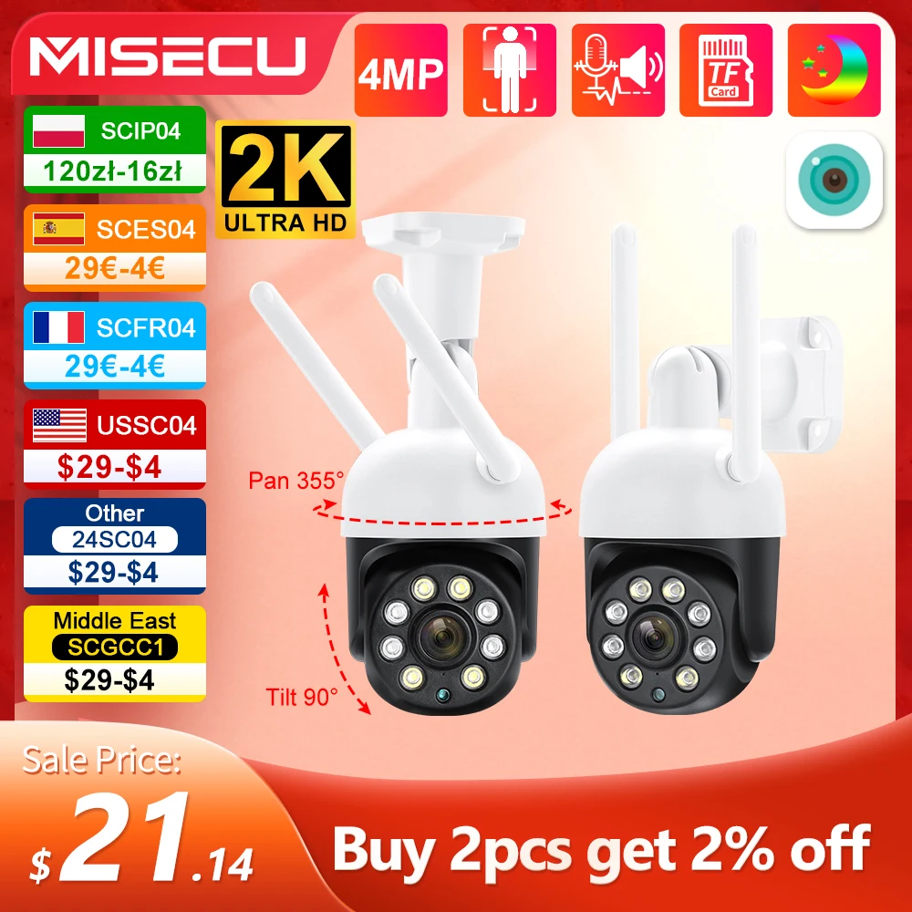 MISEC HD 4MP PTZ Wifi Wireless IP Camera Outdoor Human Detect  Two Way Communication Security Surveillance  Color Night Vision