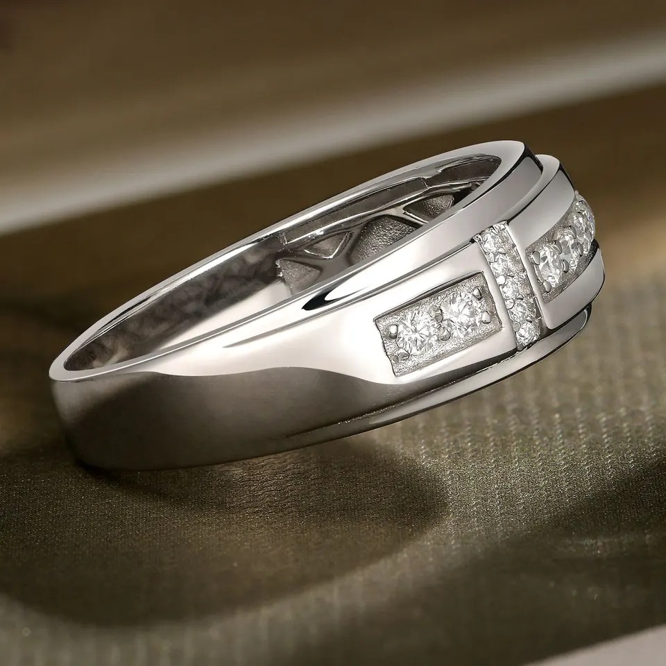 Elegant Mens 925 Sterling Silver Moissanite Wedding Band
