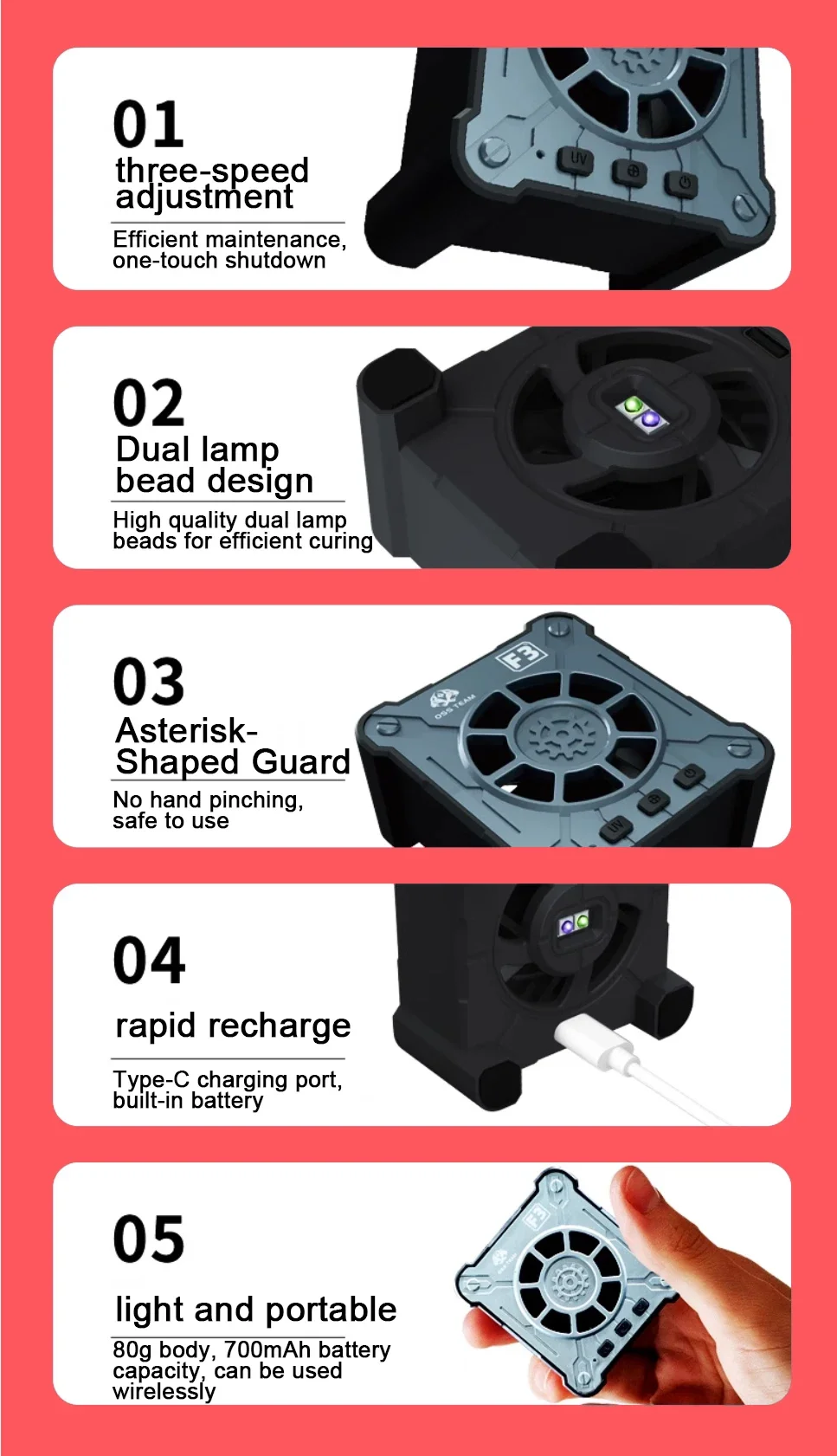 OSS F3 3 in1 Cooling Curing Fan 6W 3-Second Cooling for Phone Repair PCB Welding