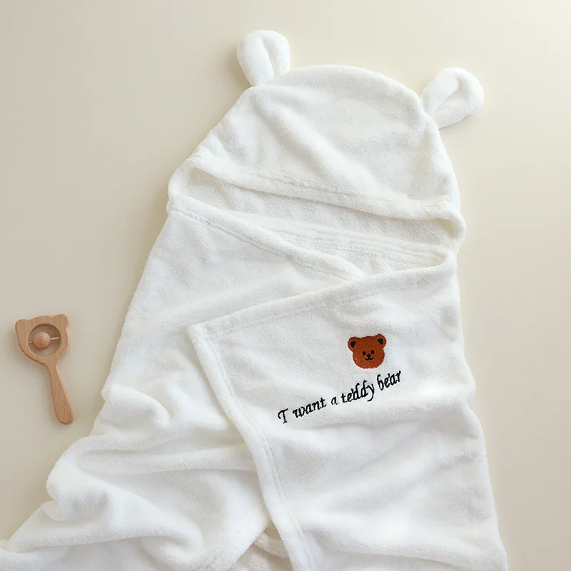 

Children White Coral Fleece Bathrobe Cartoon Embroidery Infant Bath Towel Soft Kids Baby Sleepwear Swaddling Blanket For Babies