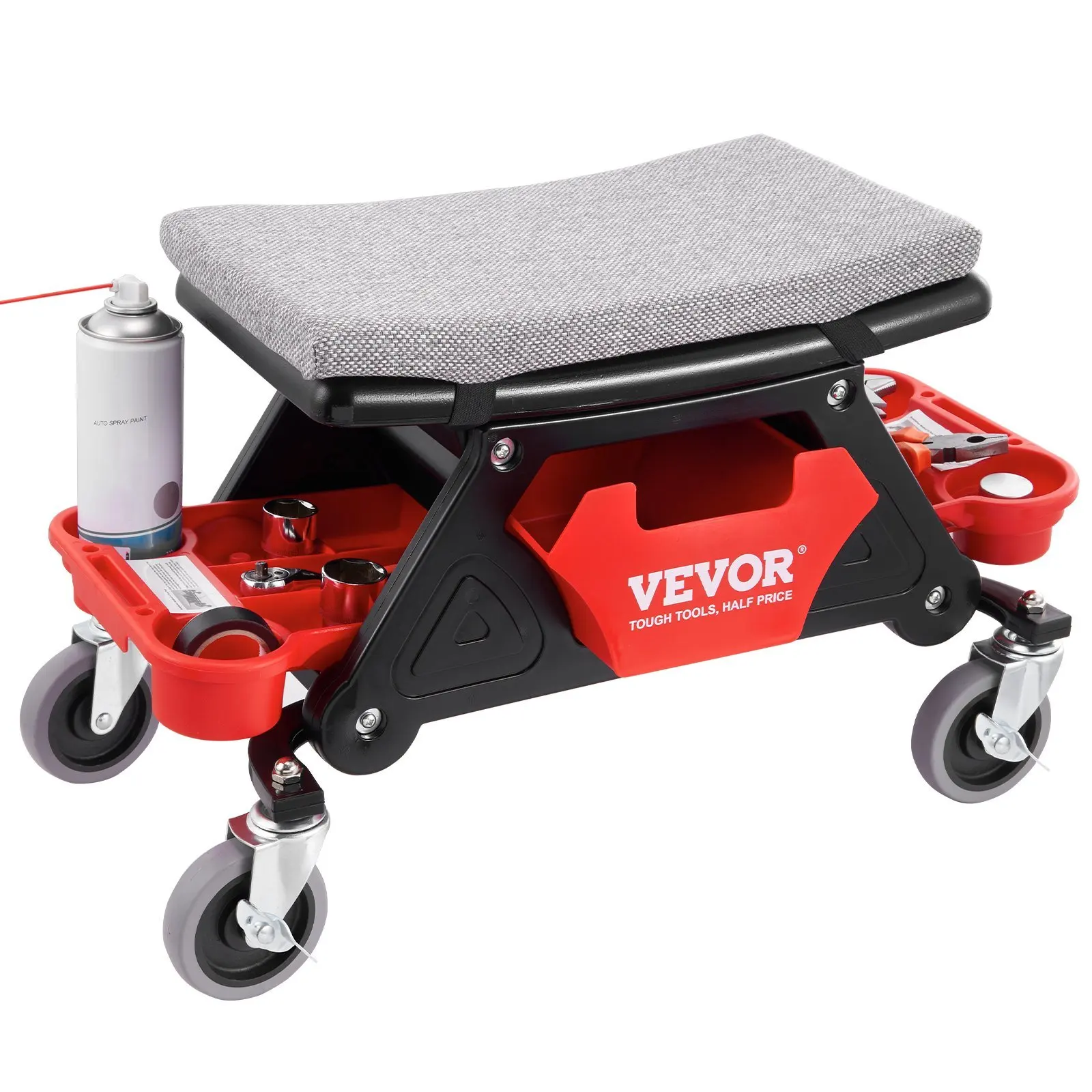 Mechanics Stool, 300 LBS Capacity Rolling Mechanic Seat with 4" Wheels, with Three Slide Out Tool Trays and Drawer, Heavy Duty R