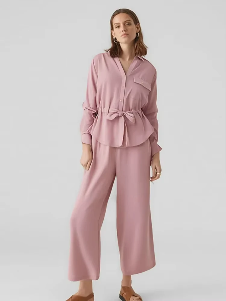 HH Women Elegant Pink Blouse Pants Sets Single Breasted Lapel Shirt With Lace-up Elastic Waist Trousers High Street Outfits