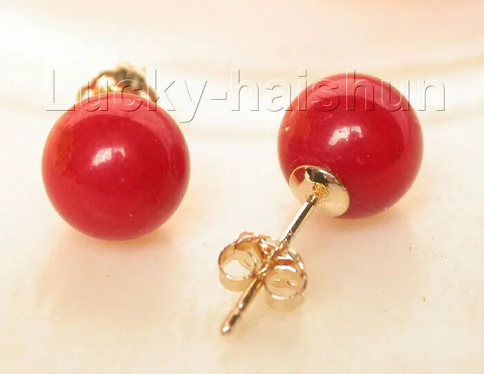 

AAA natural Stud 9mm round red coral earrings 14K gold post j8098