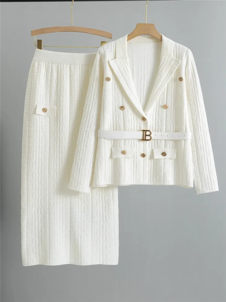 French Commuter Suit Blazer Coat Fashion Sets Women's Spring Autumn High Quality Slimming Knitted Hip Skirt 2-Piece Set Women 2